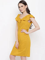 Front loop button pencil dress in mustard