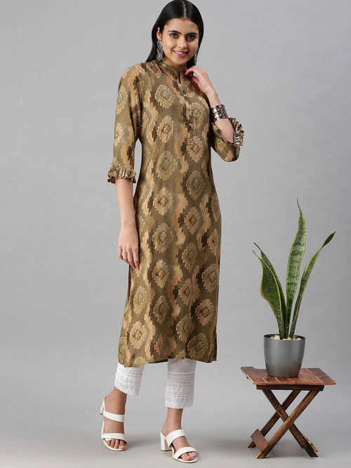 Women's Olive Printed Straight Kurta-BCSK585-Olive