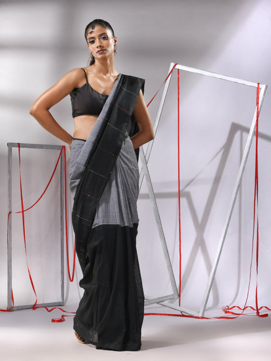 Black Cotton Saree With Stripes Pattern Sequine Work-MA55CT06500135