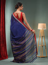 Blue Silk Linen Handwoven Saree With Temple Border-MA50SLN061100095