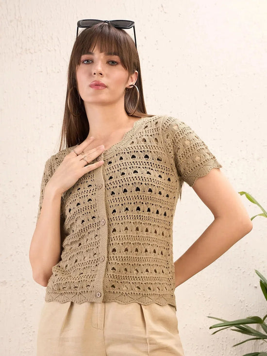 Women Beige Round Neck Crochet Top