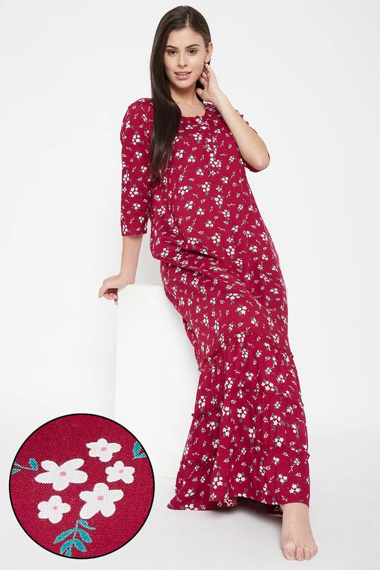 Clovia Pretty Florals Long Nighty in Maroon - Cotton Rich