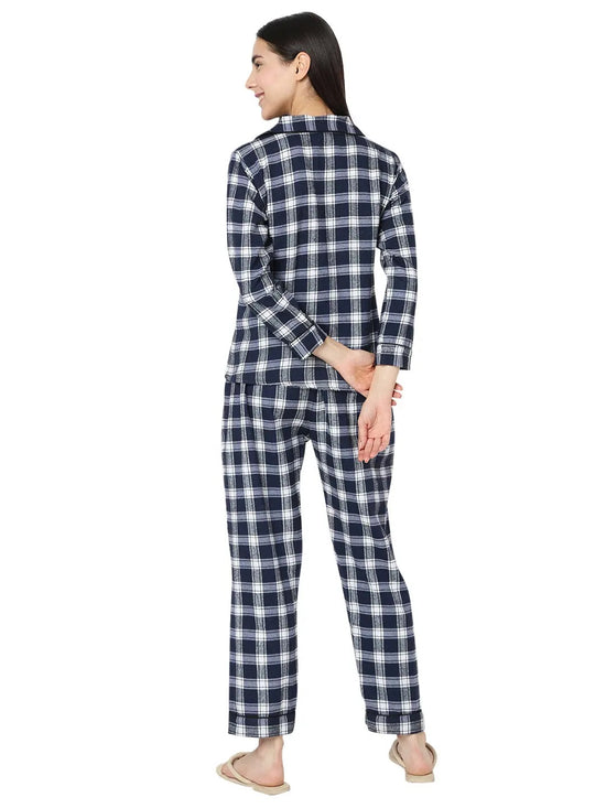 Smarty Pants Women's Brush Cotton White & Blue Color Checks Night Suit