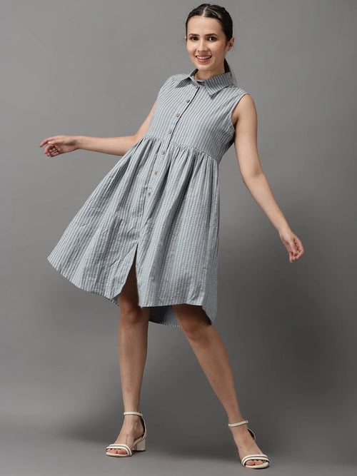 Women's Grey Printed A-Line Dress-SKF-166-Grey