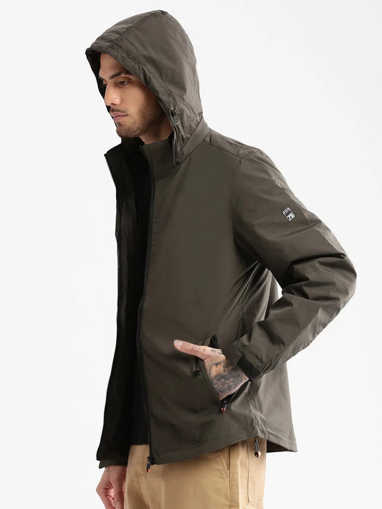 Men Hooded Olive Solid Tailored Oversized Jacket comes with Detachable Hoodie and Inner Jacket-7551-Olive