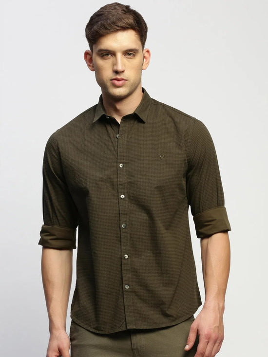 Men Green Striped Shirt-HEPTAGON-1780-Olive