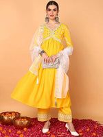 Ahika Women Yellow Silk Blend Embroidered Anarkali Kurta Pant Set With Dupatta-PKSKD2117_XS