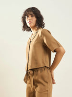 Women Khaki Tencel Notch Collar Crop Shirt