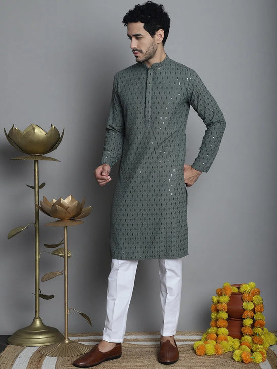 Men's Chikankari Embroidered and Sequence Kurta with Pyjama.-JOKP-P-5010Sea-Green