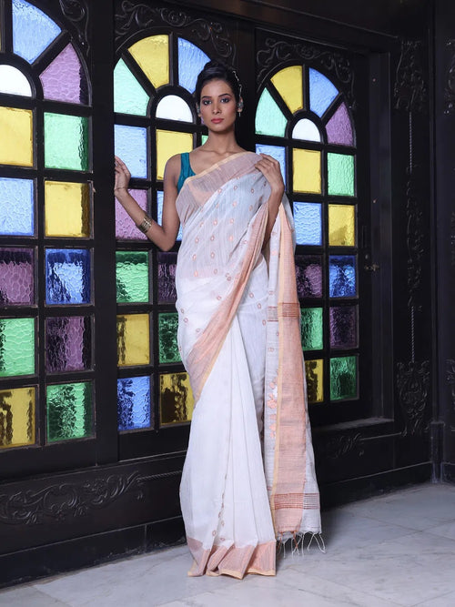 Off White Cotton Saree With Zari Borders-MA64BCT401190041