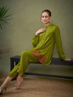 Women Green Hem Embroidered Shirt With Palazzos