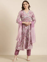 Women Anarkali Lavender Floral Kurta and Trousers Set Comes With Dupatta-BC-SK-1834-Lavender