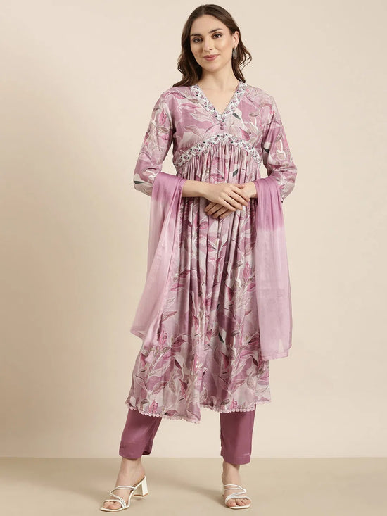 Women Anarkali Lavender Floral Kurta and Trousers Set Comes With Dupatta-BC-SK-1834-Lavender