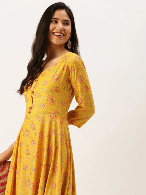 Women's Yellow Printed Anarkali Kurtas-AT-A408-LG-Yellow