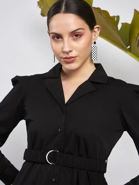 Women Black Poplin Ruched Belted Shirt Dress