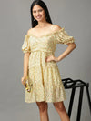 Women's Yellow Printed Fit and Flare Dress-HQ-6-Yellow