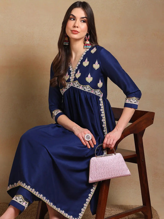 Ahika Women Navy Blue Silk Blend Embroidered A-Line Kurta Pant Set