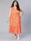 Plus Orange Flower Polyester Print V-Neck Dress