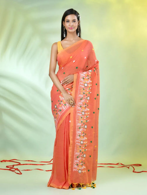 All Over Thread Floral Embroidery Orange Cotton Saree-MA62CT33610080