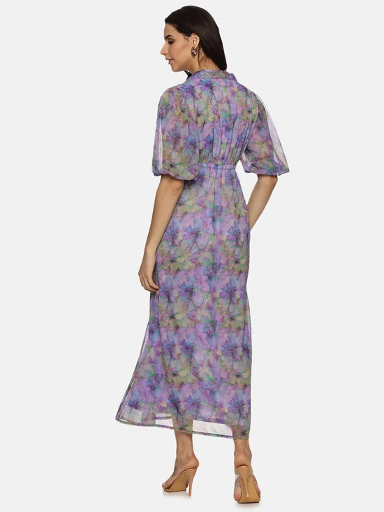 Floral Lavender Shirt Collared Maxi Dress-17346