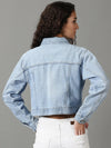 Women's Blue Solid Denim Jacket-GZ-5478-Blue