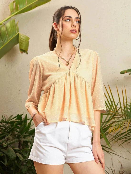 Women Nude Dobby V-Neck Peplum Top