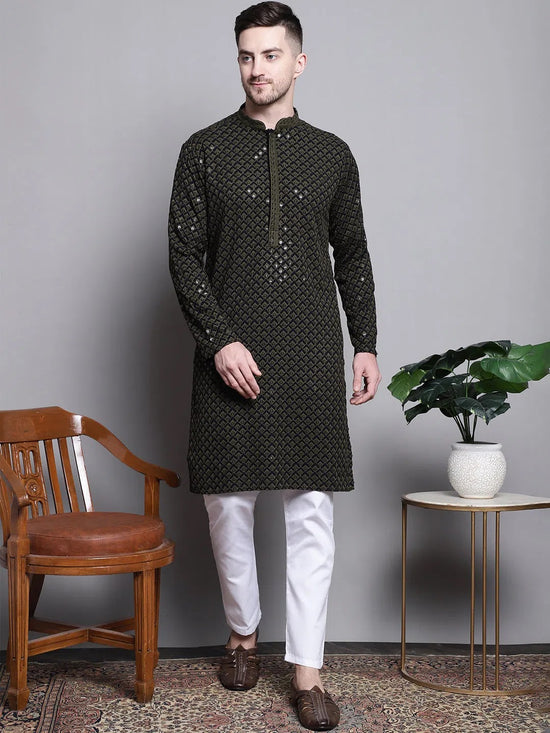 Sequin Embroidered Pure Cotton Kurta with Pyjamas-JOKP-P-5004Mehndi