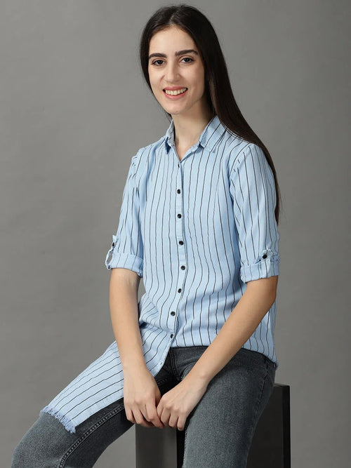 Women's Blue Striped Longline Shirt-AE-444104-Blue