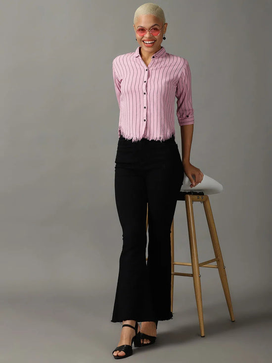 Women's Pink Striped Shirt-AE-333120-Pink