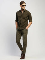 Men Green Striped Shirt-HEPTAGON-1780-Olive