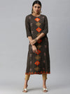 Women's BlackBeige Floral Khatwa Straight Kurta-GW-1620-Blackbeige