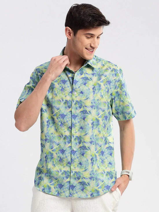 Men Spread Collar Abstract Green Casual Shirt-REVERIE-2128-Green