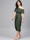 One Shoulder yoke overlap printed dress in Bottle Green