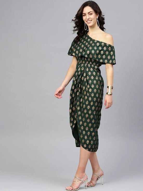 One Shoulder yoke overlap printed dress in Bottle Green