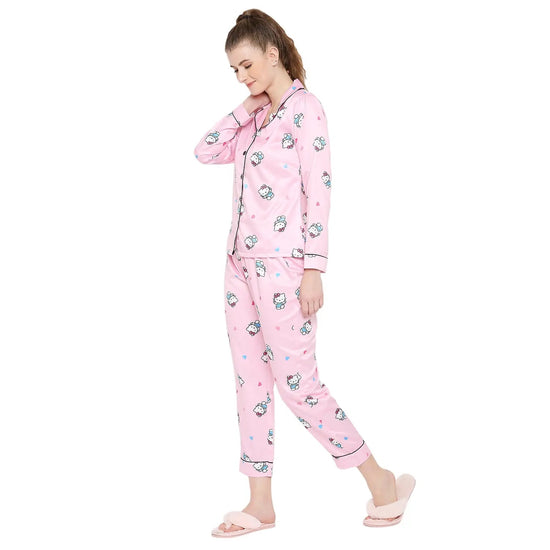 Smarty Pants Women's Silk Satin Pastel Pink Color Hello Kitty Print Full Sleeves Night Suit