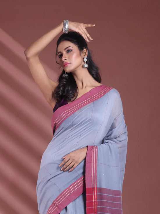 Grey Pure Cotton Soft Saree With  Stripe Pattern-MA59CT06530075