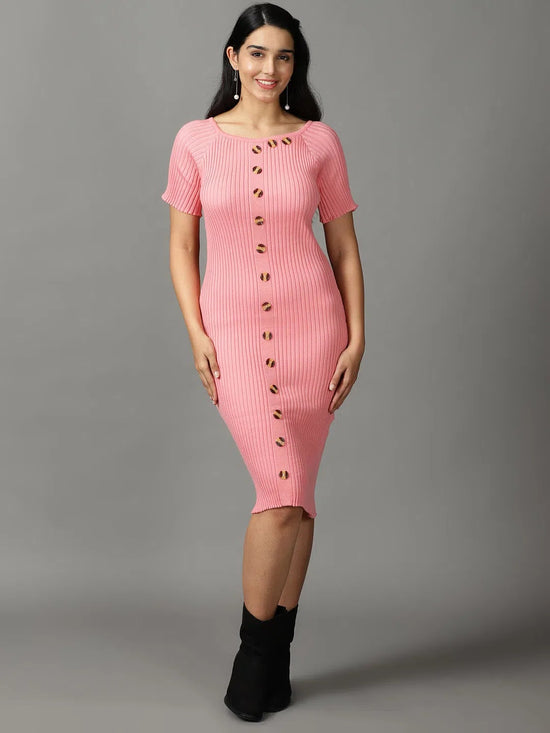 Women's Pink Solid Bodycon Dress-TG-12259-Pink