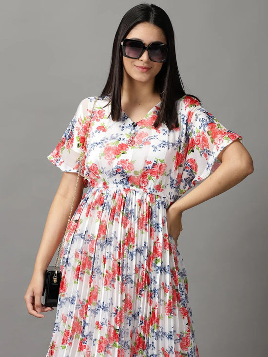 Women's White Floral Fit and Flare Dress-KG-592-Whitered