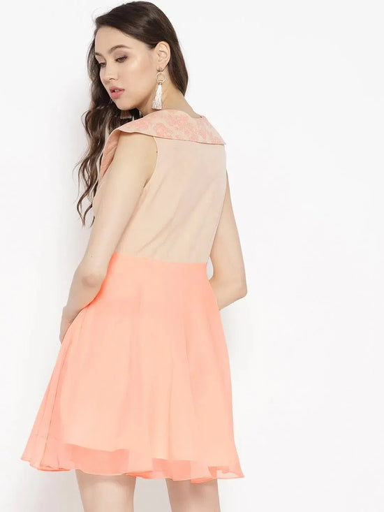 Broad collar with block print Skater Dress in Light peach