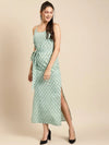 Speghetti Strap long maxi dress with waist tie in Mint Blue Print