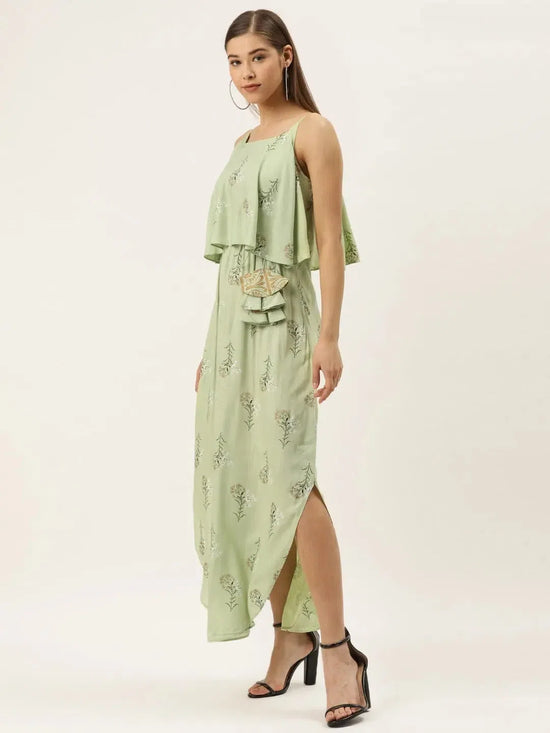 Printed Flare yoke with U hem long dress in pista green color