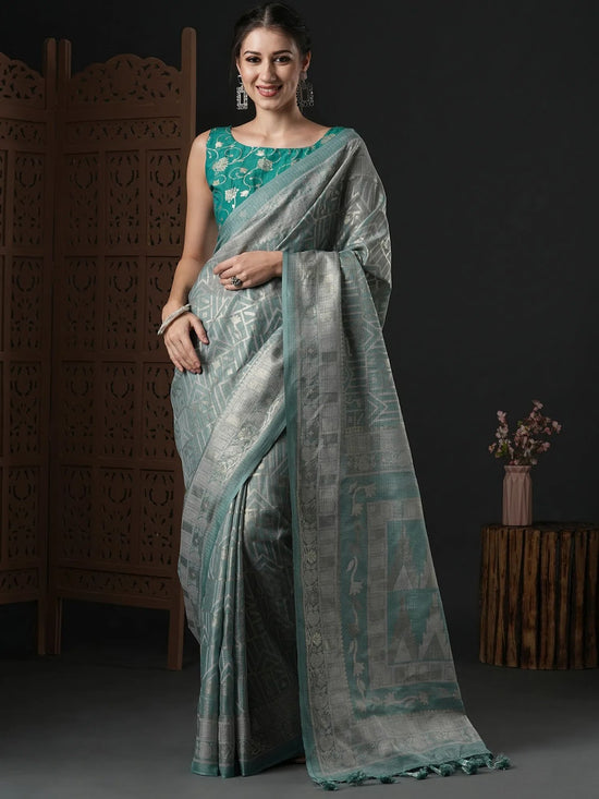 Saree Mall Women's Kota Doria Cotton Grey Printed Designer Saree With Blouse Piece-SUMITRA101