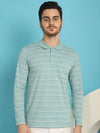 Venitian Men Striped Polo Neck Full Sleeves Sea Green T-Shirt Wih Pocket