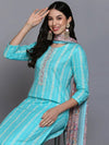 Ahika Women Turquoise Blue Rayon Printed Straight Kurta Pant Set