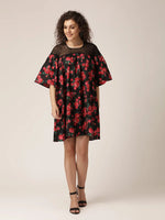 Sheer neck and flare sleeve Dress in Black and Red