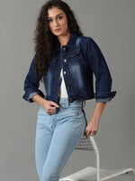 Women's Navy Blue Solid Denim Jacket-AE-9504-Navyblue