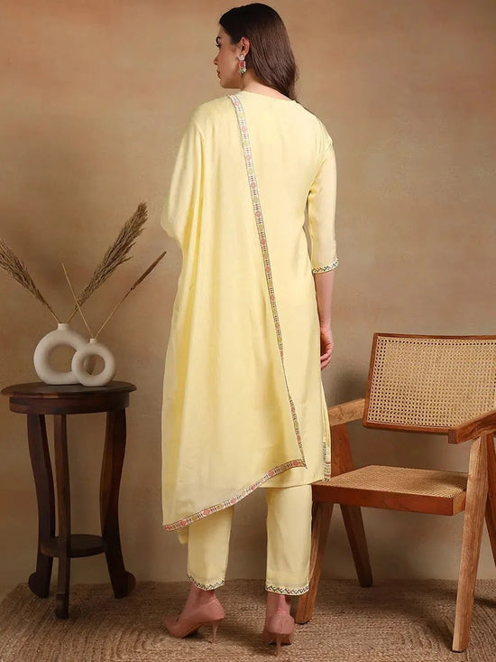 Ahika Women Yellow Rayon Embroidered A-Line Kurta Pant Set