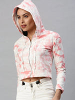 Women's White Solid Crop Front-Open Sweatshirt-AF-1791-Whitepink