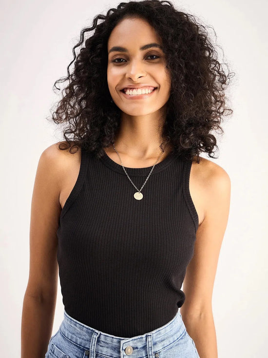 Women Black Ribbed Vest Top