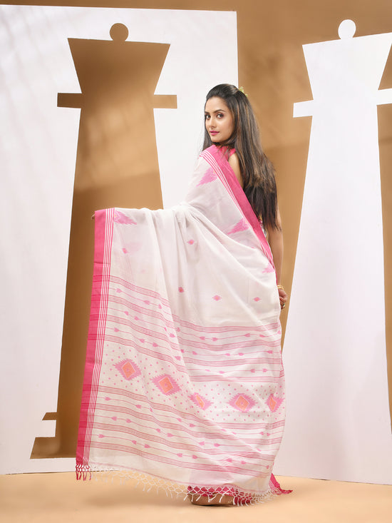 Baby White Cotton Handwoven Soft Saree With Texture Motifs-MA53CT041490069